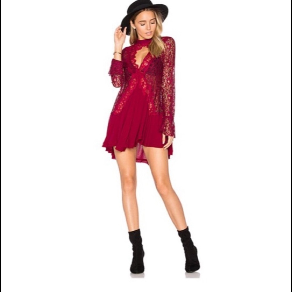 Free People Tell Tale Tunic Dress Raspberry Lace Sz S